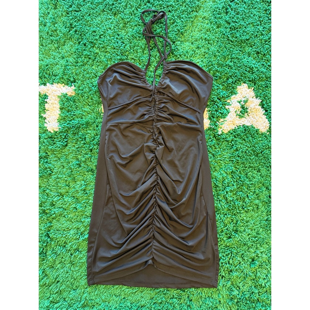 Droimp Halter Mini Dress Womens Large Black Excellent Ruched Cutout Bodycon